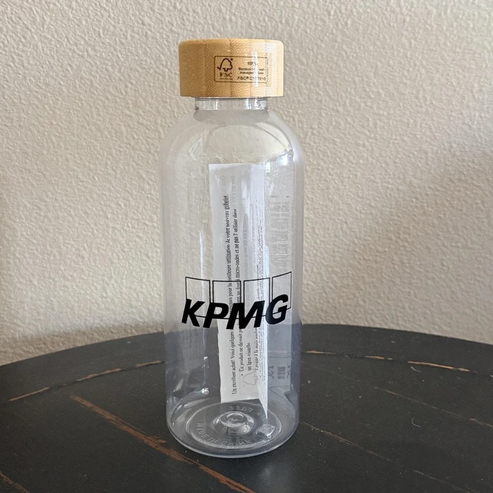 KPMG Clear Plastic Water Bottle Bamboo Screw Lid FSC‎ Logo Reusable Round